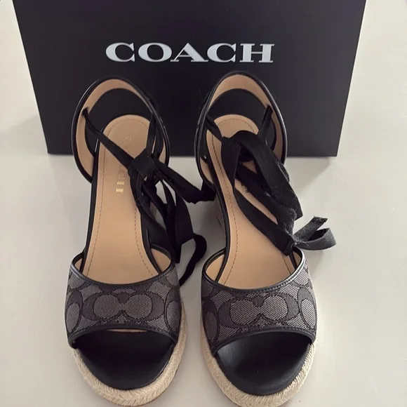 7.5B Coach Black Wedge Sandals Patrice Sig Espdrill Black/Smoke/Coal Box incl’d - Picture 4 of 14